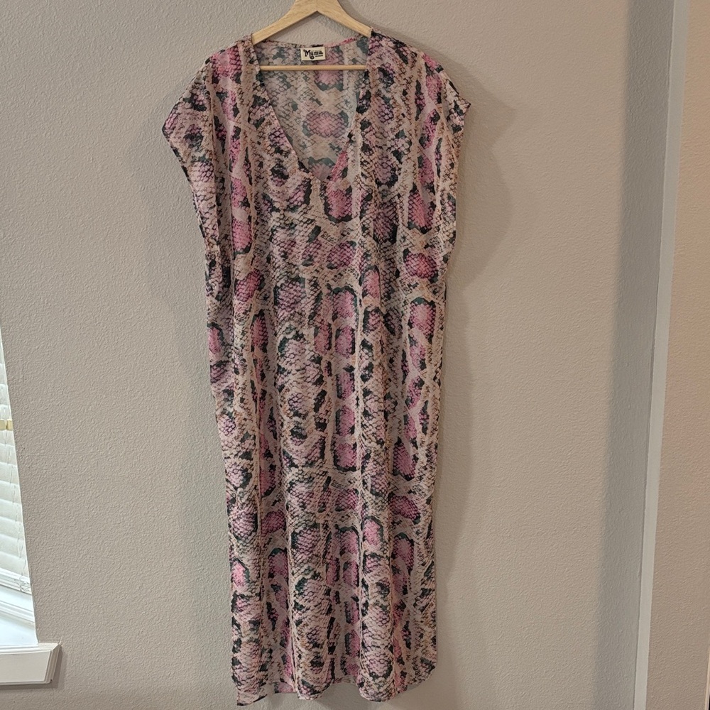 Show Me Your Mumu Pink Black Python Snake Print Sheer Swim Cover-Up Dress Size M